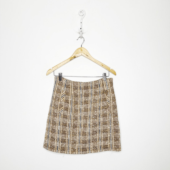VERONICA BEARD Roman Checked Boucle Tweed Mini Skirt Light Brown womens 4 FLAWED - Picture 2 of 9